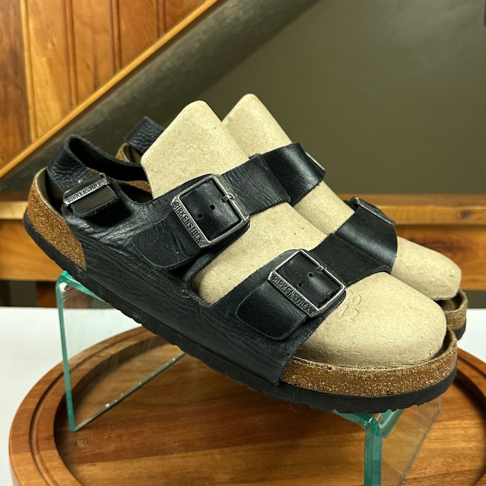 Birkenstock Milano Black Leather Sandals Mens 44 Ankle Strap 034791